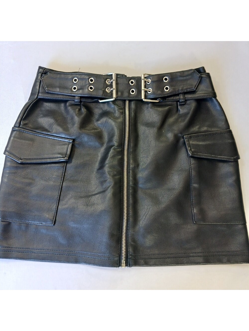 Blashe BS08058 Women's Faux Leather Front Zip Belted Black Skirt Size S (26×14)